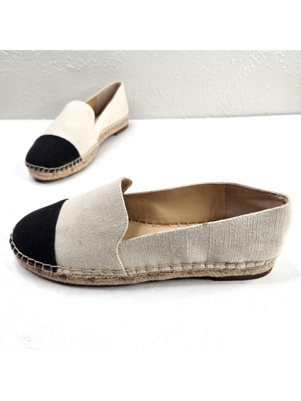 Sole Society Espadrille Flats Size 9.5 Black Tan Canvas Slip On Minimalist Shoes